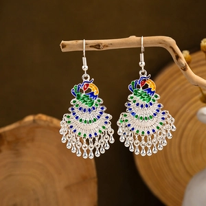 Cloisonne peacock earrings with enamel colorful patterns and traditional tribal bell tassels