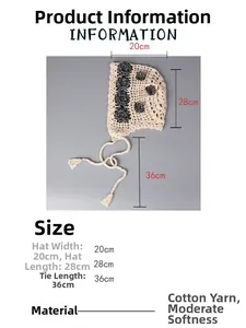 Size chart showing width 20cm and length 28cm for handmade floral crochet bonnet