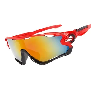 Sport cycling sunglasses with red wrap-around frame and colorful reflective lenses