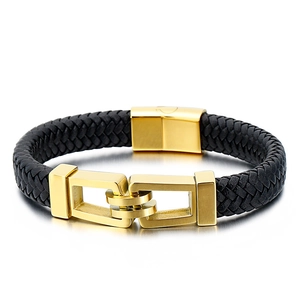 Men's black braided leather bracelet with gold stainless steel magnetic clasp