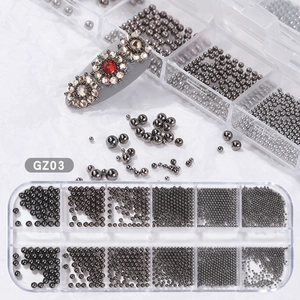 Metallic nail art steel caviar beads kit in gold and silver with 3D floral nail design