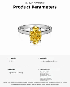 Detailed spec sheet showing 925 sterling silver ring with 8A oval yellow ice-cut zircon