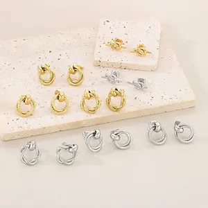 Geometric Interlocking Double Ring Stud Earrings Stainless Steel Twisted Knot Design Elegant Fashion Jewelry For Women