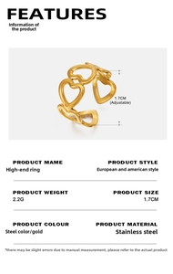 Detailed view of adjustable stainless steel heart ring with 1.7cm diameter and dimensions