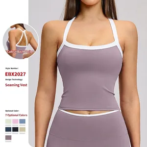Débardeur de Yoga pour Femmes Effet Peau Nue Dos Nageur Ajouré Couleur Contrastée Top Sport