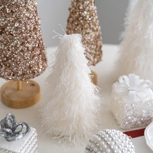 Chic mini white feather Christmas trees and sparkling gift box tabletop decorations