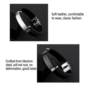 Men's vintage titanium steel leather bracelet with braided rope and folding clasp