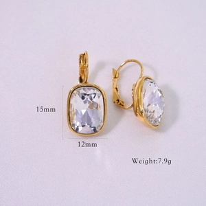 Macro view of 14K gold leverback earrings with 15mm square cut clear rhinestones