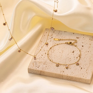 18K Gold Plated Stainless Steel Necklace And Bracelet Pink Purple Zircon Round Rectangle Pendant For Women