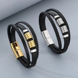 Men's multilayer braided leather bracelet with stainless steel magnetic clasp in gold and silver
