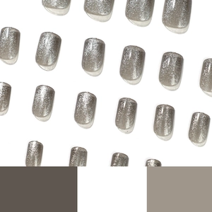 Silver grey cat eye press-on nails with glitter finish in short square round shape