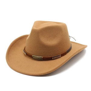 Classic camel wool felt western cowboy hat with brown studded belt and metal buckle