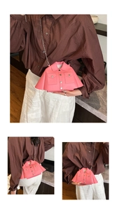Detailed views of a creative pink jacket-shaped chain bag with collar and button accents
