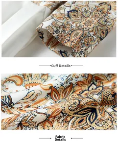 Detalle del estampado de cachemira y estructura del puño en el vestido de estilo francés