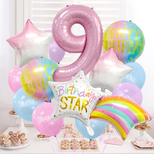 Detail of macaron balloon set with rainbow foil and number 9 for birthday party decor