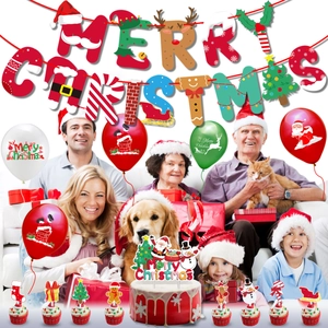 Kit décoration Noël avec bannière Merry Christmas, ballons et décorations de gâteau