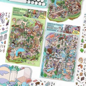Creative 2.5D Scene Decoration Stickers PET Material DIY Scrapbooking Planner Accessories Hand Drawn Illustration