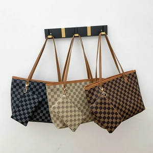Women PU Leather Tote Bag And Small Pouch Checkerboard Grid Letter Print Large Capacity Shoulder Handbag Retro Casual