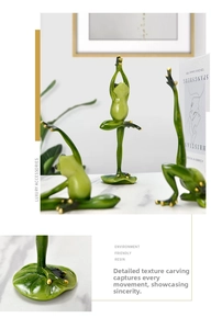 Detail view of three yoga frog resin statues with polished green finish and gold accents