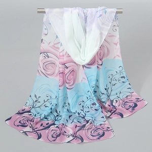 Detailed macro view of floral peony print on a lightweight gradient chiffon scarf shawl