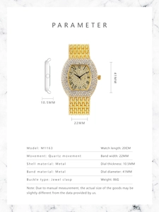Detailed specs of luxury champagne gold tonneau quartz watch with roman numerals and rhinestones