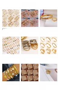 Detailed grid of 18K gold plated stainless steel jewelry including rings and bracelets