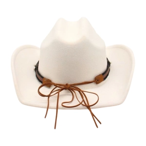 Detailed view of white western cowboy hat with brown leather string and studded band