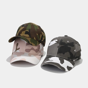 Detail of three camouflage baseball caps in green, pink, and grey durable cotton canvas