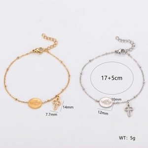 Minimalist stainless steel cross bracelet with oval pendant in gold and silver finish