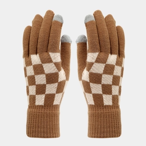 Close-up of checkerboard knit gloves with touchscreen-compatible fingertips and ribbed cuffs