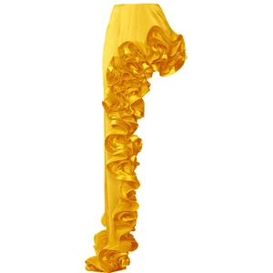 Detailed close-up of bright yellow tiered ruffles with shiny satin texture and pleats