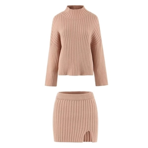 Two-piece ribbed knit high neck sweater and mini skirt set in dusty pink color