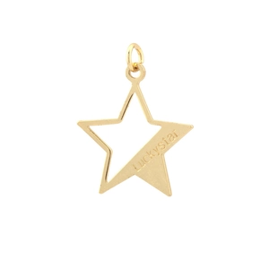 Detailed close-up of a gold star pendant featuring Luckystar engraving on a white background