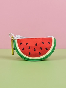 Close-up of watermelon-shaped pet waste bag dispenser with a metal snap hook