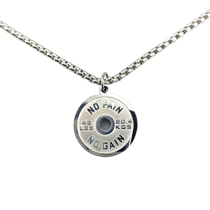 Polished stainless steel barbell plate necklace with No Pain No Gain motivational engraving