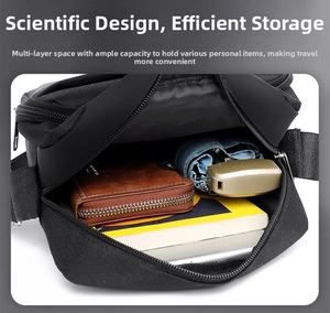 Macro shot showing multi-layer interior storage for umbrella and wallet in a black sling bag