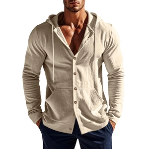 Detail of beige linen men's hooded shirt showing button placket and textured fabric