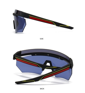 Side and back macro views of oversized sporty sunglasses with sleek blue lenses