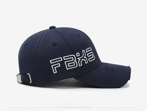 Side view of navy blue baseball cap featuring white 3D embroidery and metal buckle