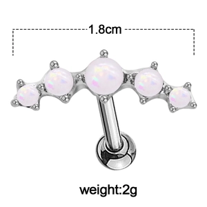 Surgical steel curved barbell with five white opals for ear or eyebrow piercing