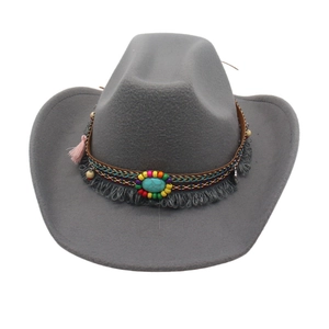 Gray wool felt western cowboy hat featuring ethnic beaded band and tassel detail