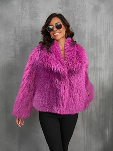 Chic cropped faux fox fur jacket in vibrant rose red with a large lapel collar for women