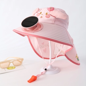 Pink kids sun hat featuring a built-in solar fan and breathable mesh fabric detail