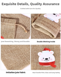 Detail shots of Christmas burlap drawstring bag with white bear print and fine stitching
