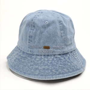 Washed light blue denim bucket hat for women with metal logo plate and embroidery detail