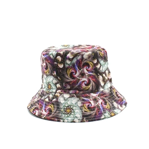 Tie-dye reversible bucket hat for women with purple and yellow fractal sun protection pattern