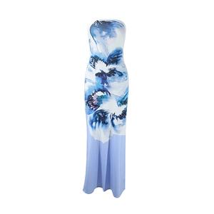 Detail of elegant tube top maxi dress with blue ink wash pattern and slim fit design