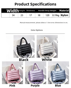 Detailed size chart for quilted nylon puffer bag including width, height and color options
