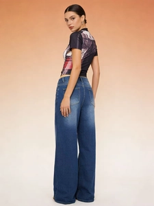 Fashionable high-waisted wide-leg denim jeans in dark wash blue shown from a back view