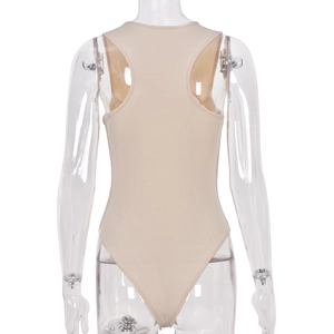 Detailed back view of a beige ribbed racerback bodysuit on a mannequin with high-cut design